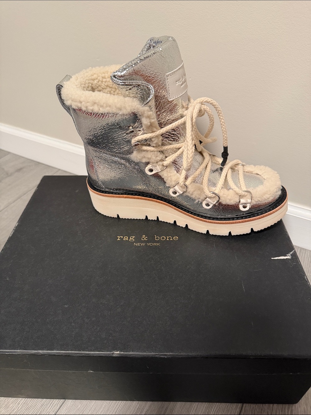rag & bone Silver Metallic Lace-Up Shearling-Trim Boot
